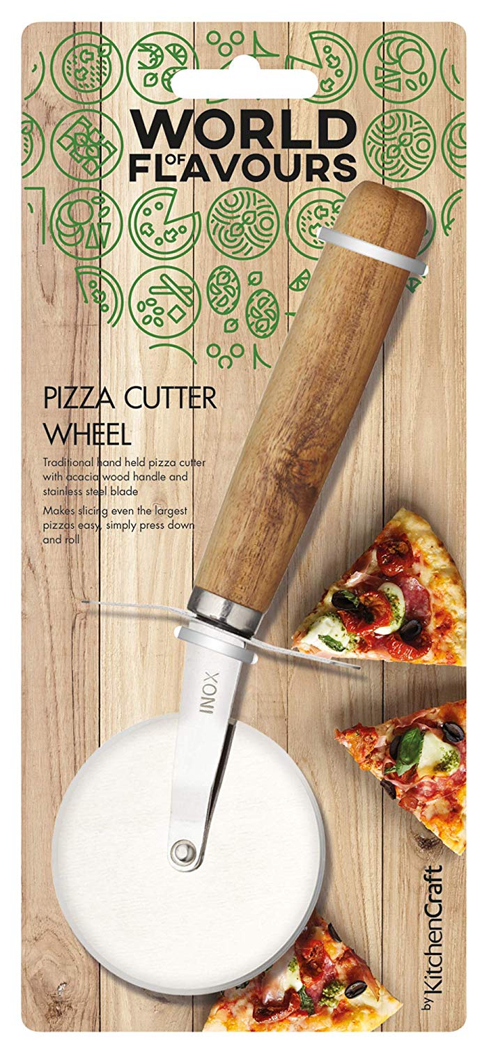 Pizza cutter wheel with hand carved wooden handle. Stainless steel